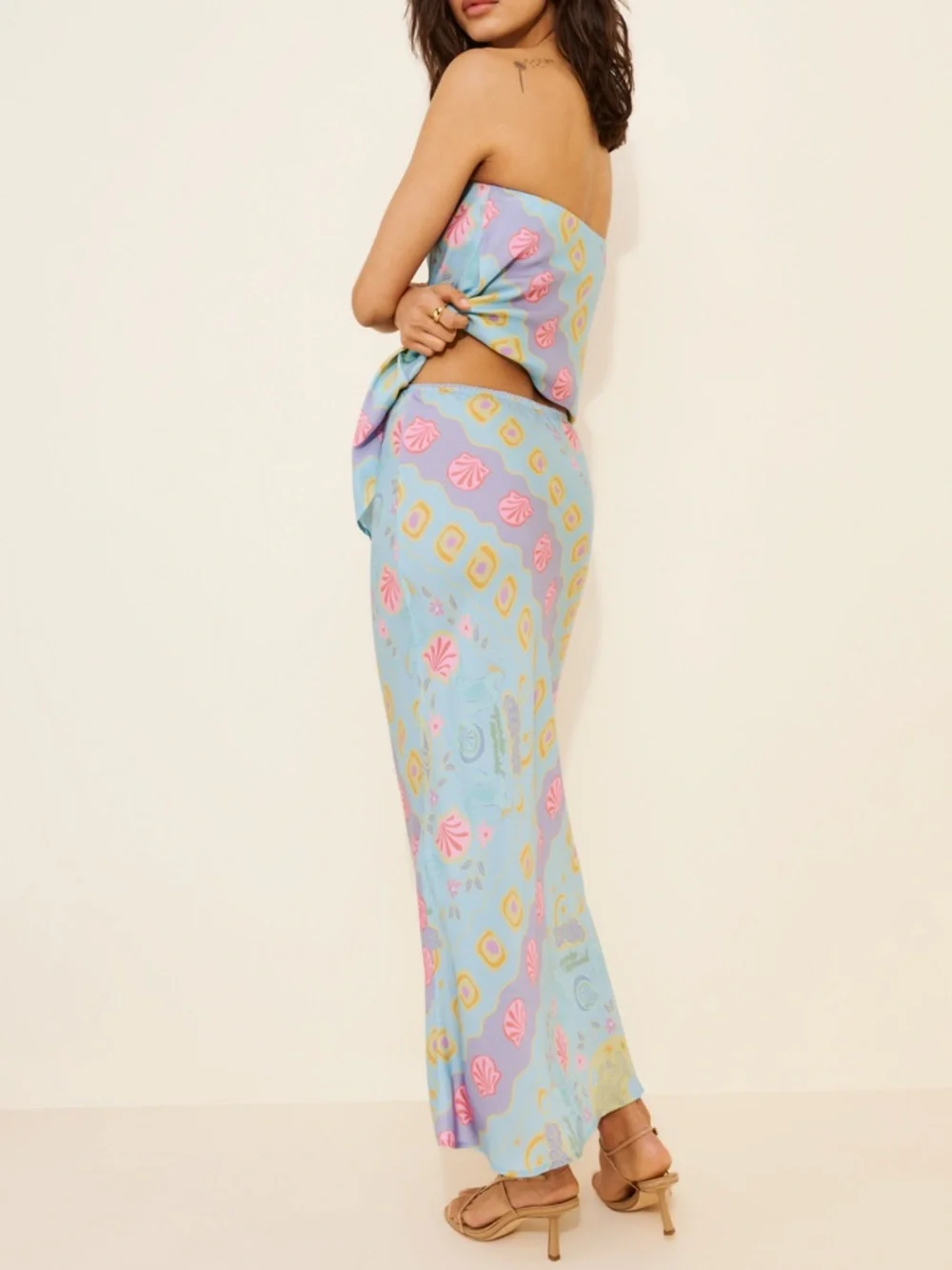 Spell Aquarius Bias Maxi Skirt Sky Blue Small Seashell Pattern Coastal Tencel - Picture 2 of 9